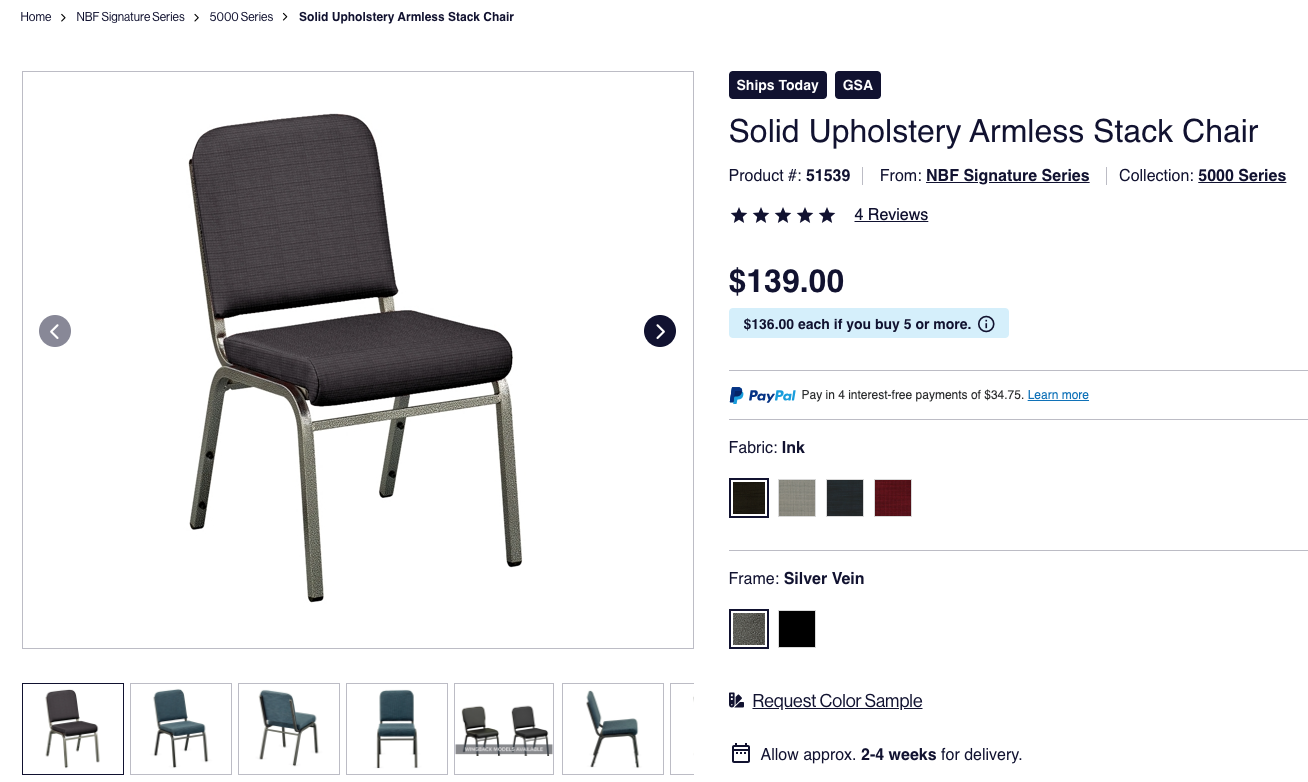 nbf: Solid Upholstery Armless Stack Chair $139 (Model 51539)